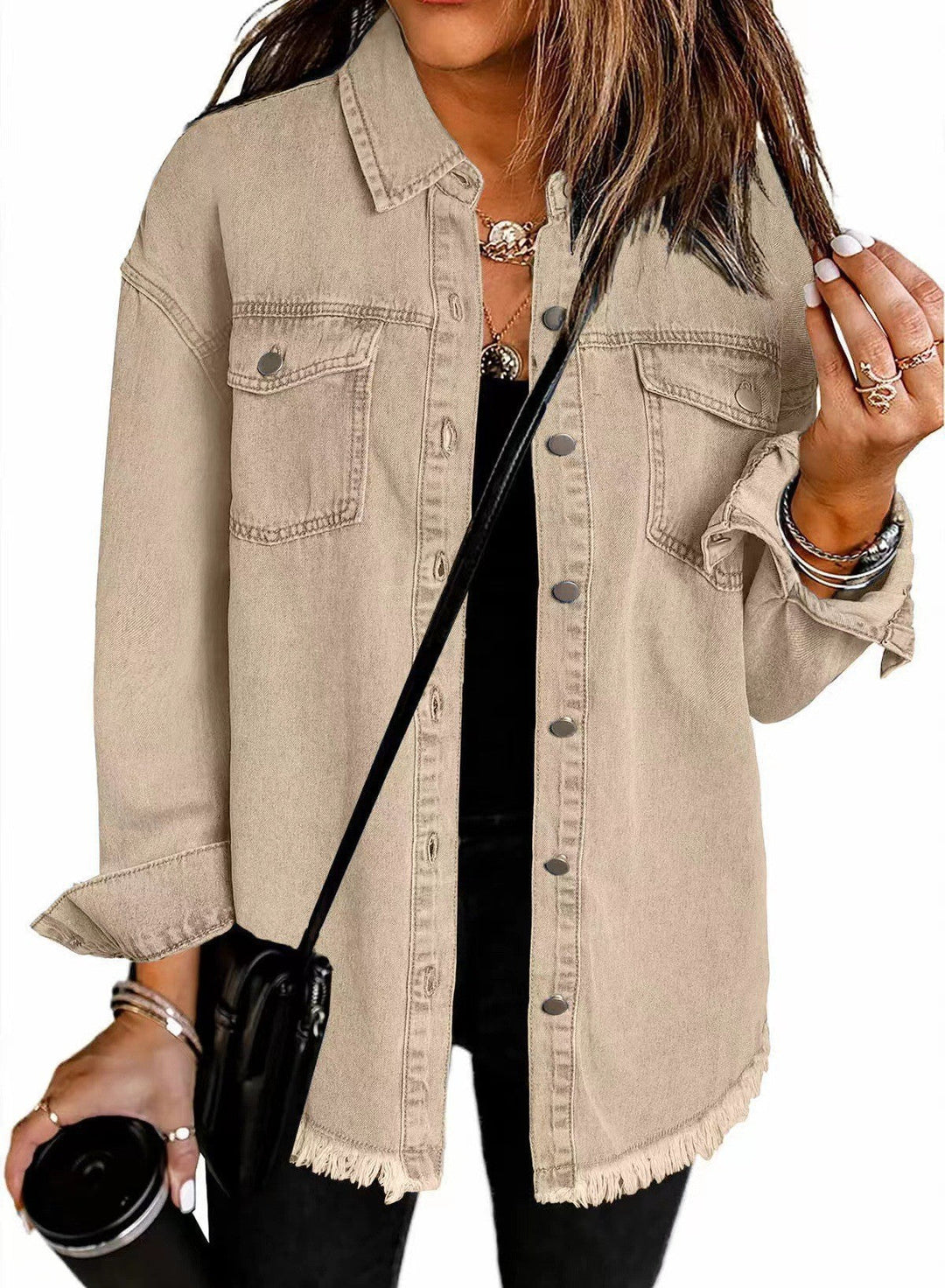 Women's Frayed Hem Denim Overshirt with Chest Pockets-The Yellow Prime