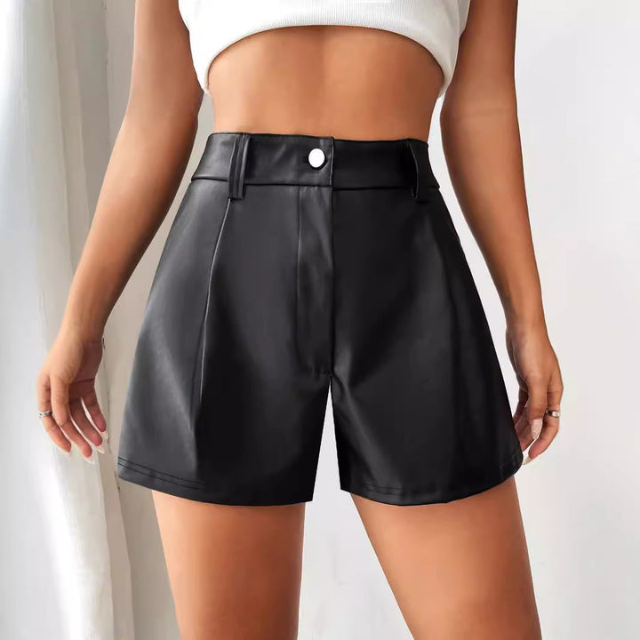 Women's High-Waisted Faux Leather Shorts with Chic Cut and Pleats-The Yellow Prime