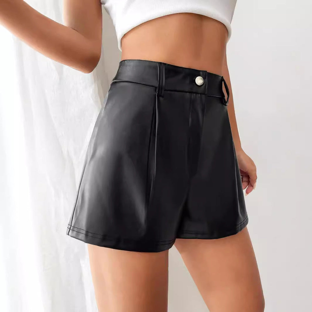 Women's High-Waisted Faux Leather Shorts with Chic Cut and Pleats-The Yellow Prime