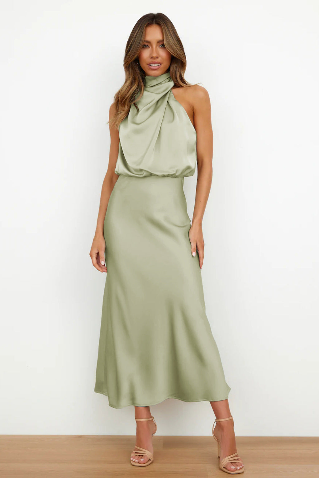 Women's Elegant Asymmetrical Midi Dress with Round Neckline-The Yellow Prime