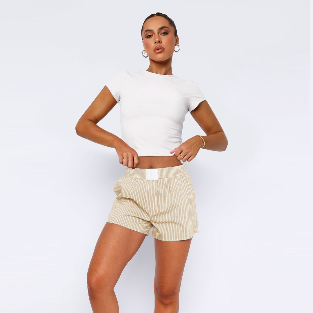Women's Cotton Striped Shorts with Elastic Waistband-The Yellow Prime
