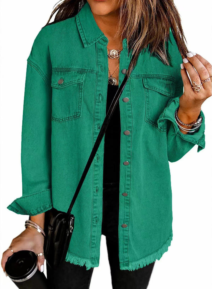 Women's Frayed Hem Denim Overshirt with Chest Pockets-The Yellow Prime
