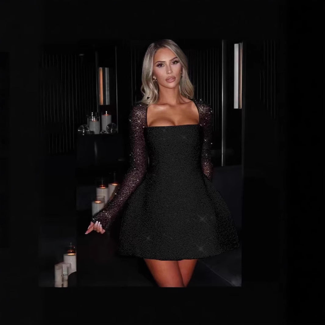 Women's Glamorous Mini Dress with Sheer Lace Sleeves and Fitted Design-The Yellow Prime