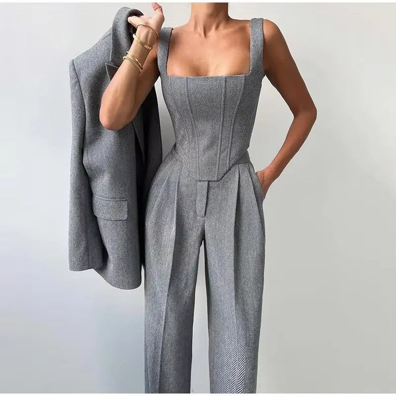 Women's Fitted Blazer Suit with Wide Leg Pants for Stylish Look-The Yellow Prime
