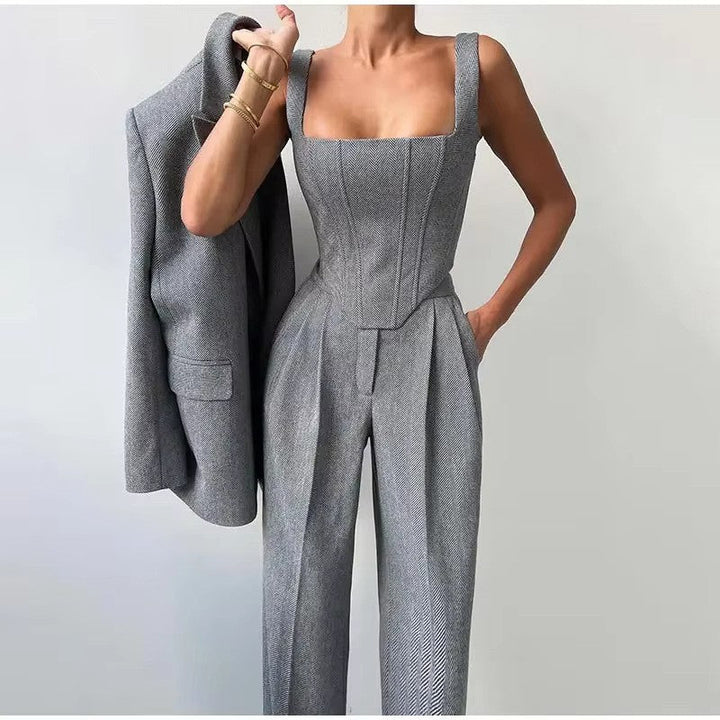 Women's Fitted Blazer Suit with Wide Leg Pants for Stylish Look-The Yellow Prime