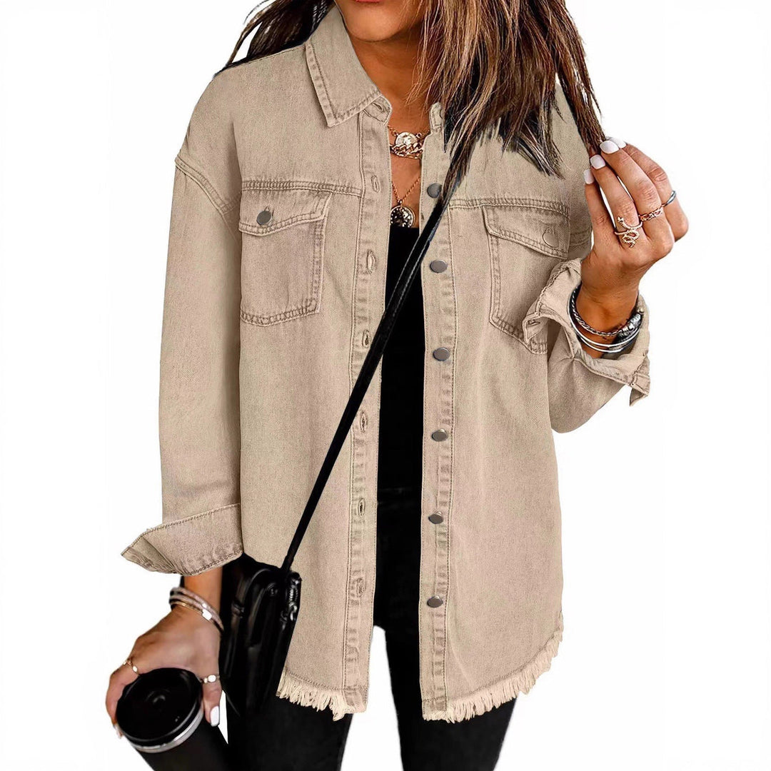 Women's Frayed Hem Denim Overshirt with Chest Pockets-The Yellow Prime