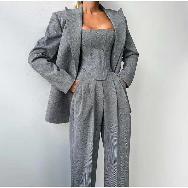 Women's Fitted Blazer Suit with Wide Leg Pants for Stylish Look-The Yellow Prime