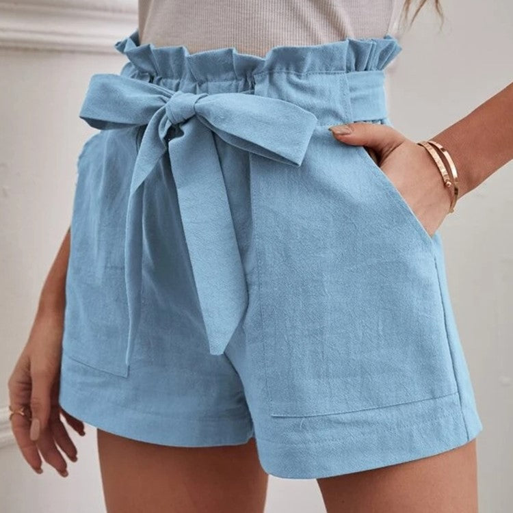Women's Elegant Linen Shorts with Tie Belt and Wide Waistband-The Yellow Prime