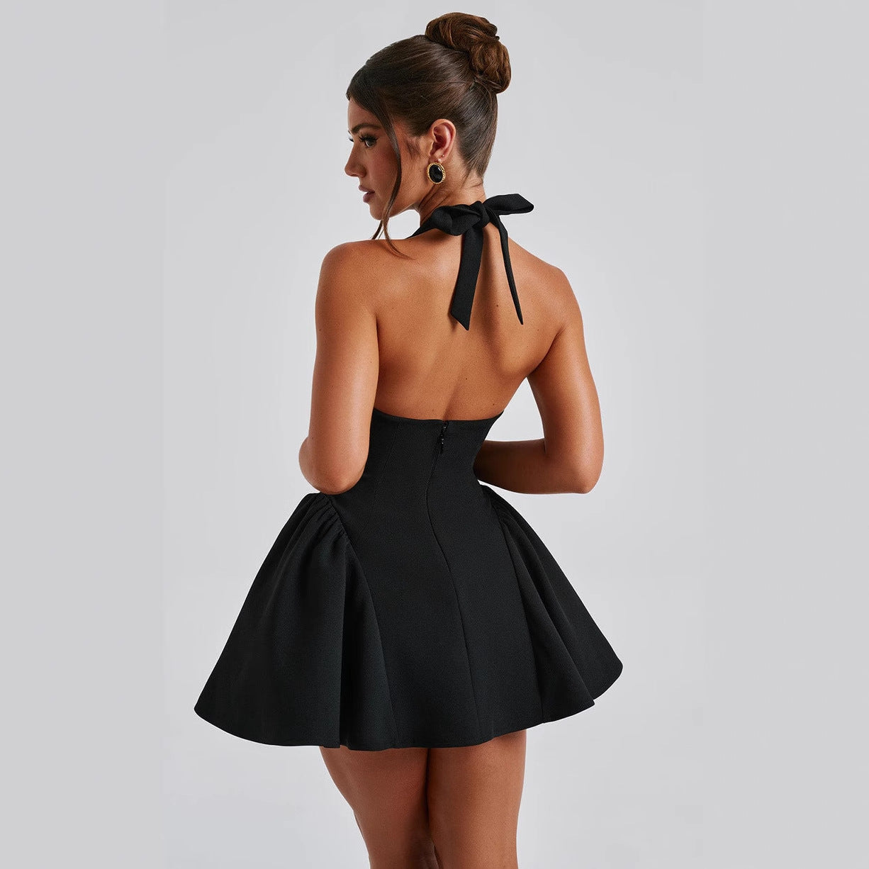 Women's Deep V-Neck Short Dress with Flowy Skirt-The Yellow Prime