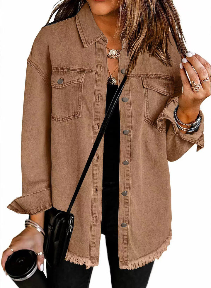 Women's Frayed Hem Denim Overshirt with Chest Pockets-The Yellow Prime