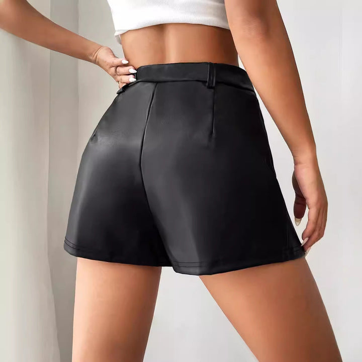 Women's High-Waisted Faux Leather Shorts with Chic Cut and Pleats-The Yellow Prime