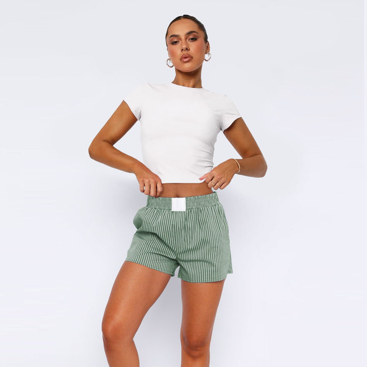 Women's Cotton Striped Shorts with Elastic Waistband-The Yellow Prime