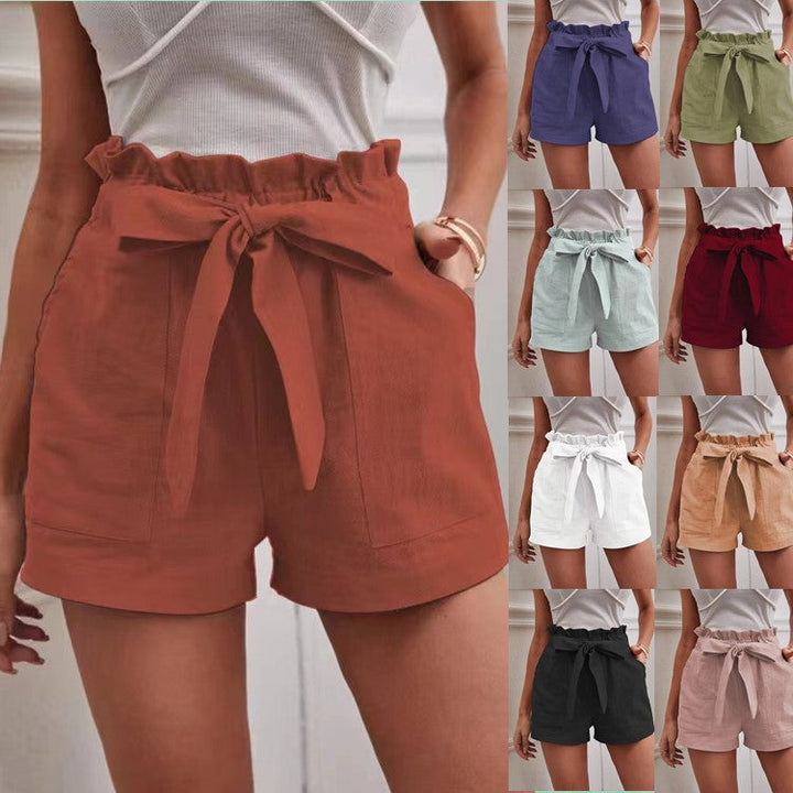 Women's Elegant Linen Shorts with Tie Belt and Wide Waistband-The Yellow Prime