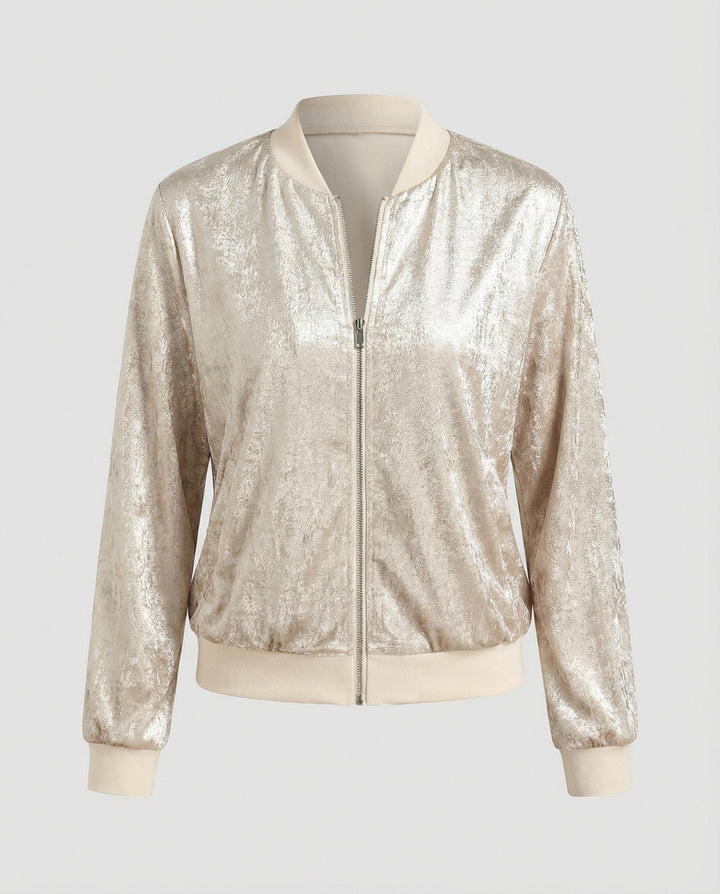 Chaqueta bomber brillante para mujer con cierre de cremallera