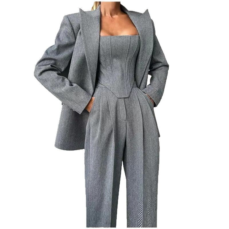 Women's Fitted Blazer Suit with Wide Leg Pants for Stylish Look-The Yellow Prime