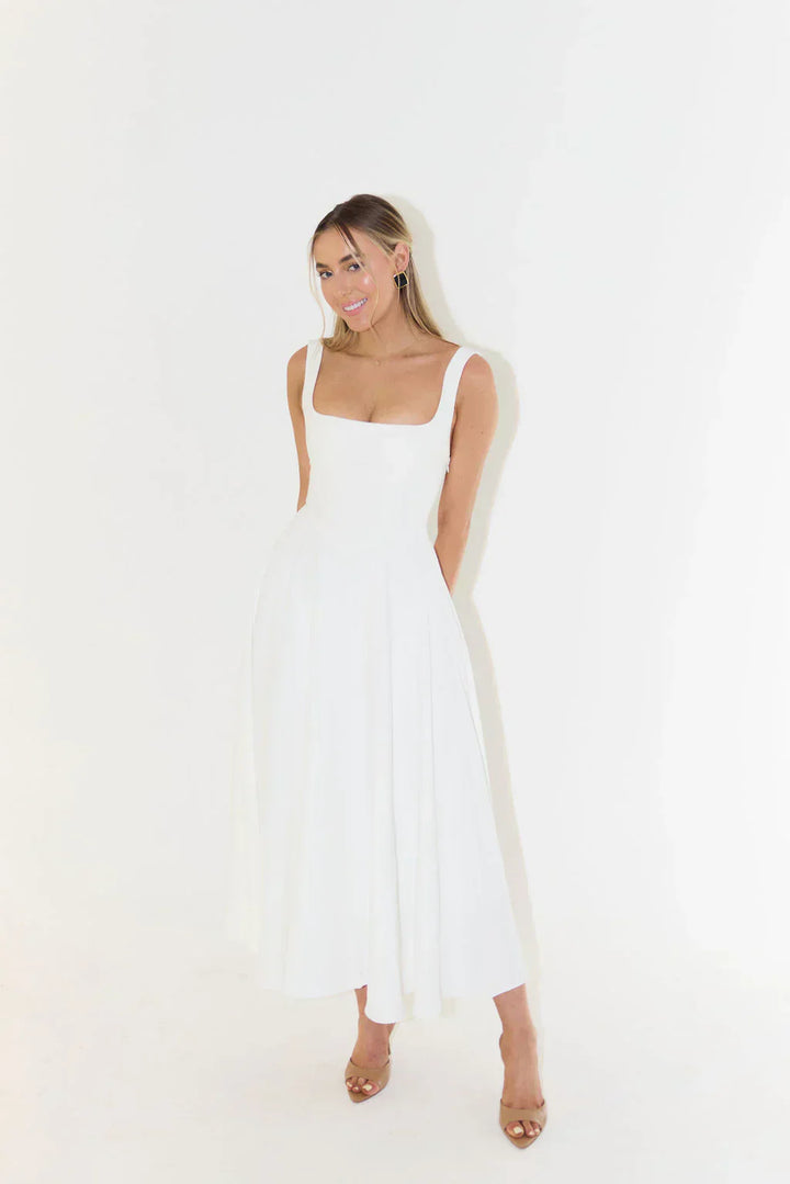 Women's High Waist Midi Dress with Square Neckline-The Yellow Prime