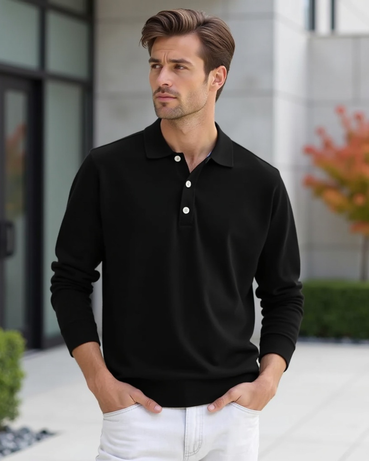 Men's Long-Sleeve Polo Shirt with Button-Front Collar-The Yellow Prime