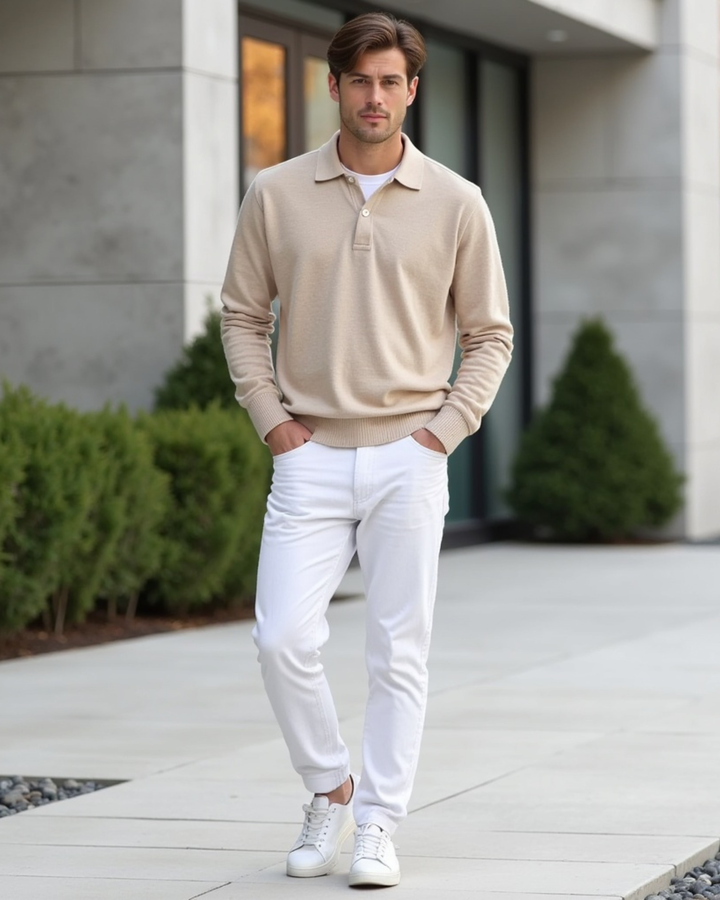 Men's Long-Sleeve Polo Shirt with Button-Front Collar-The Yellow Prime