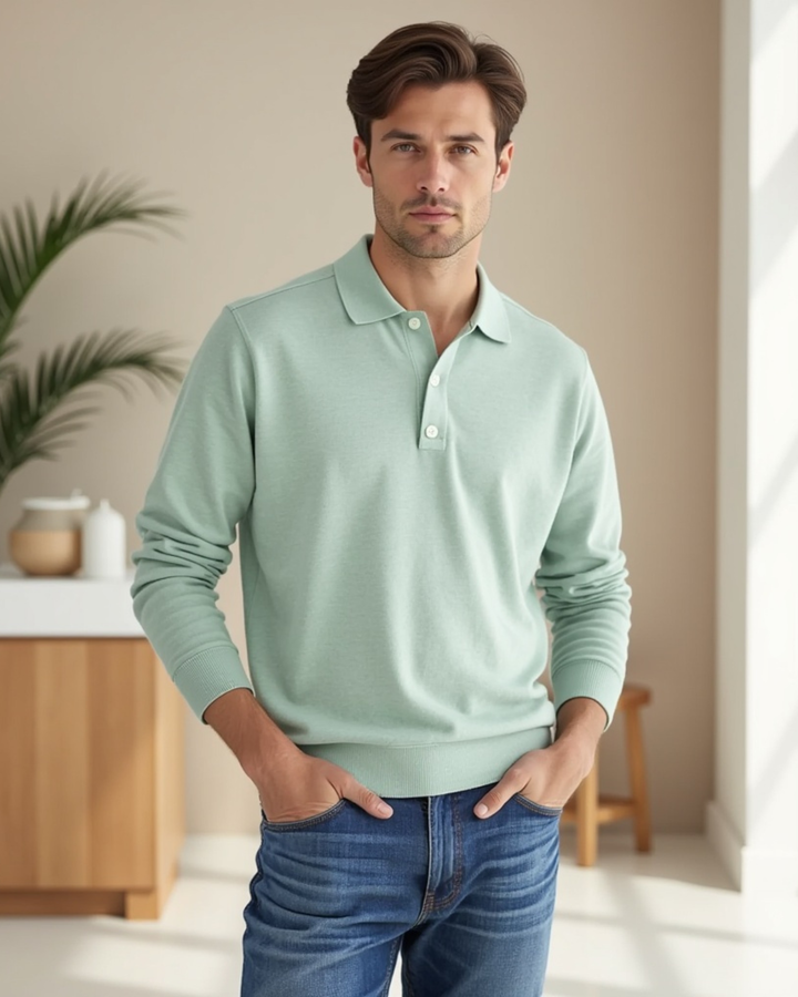 Men's Long-Sleeve Polo Shirt with Button-Front Collar-The Yellow Prime