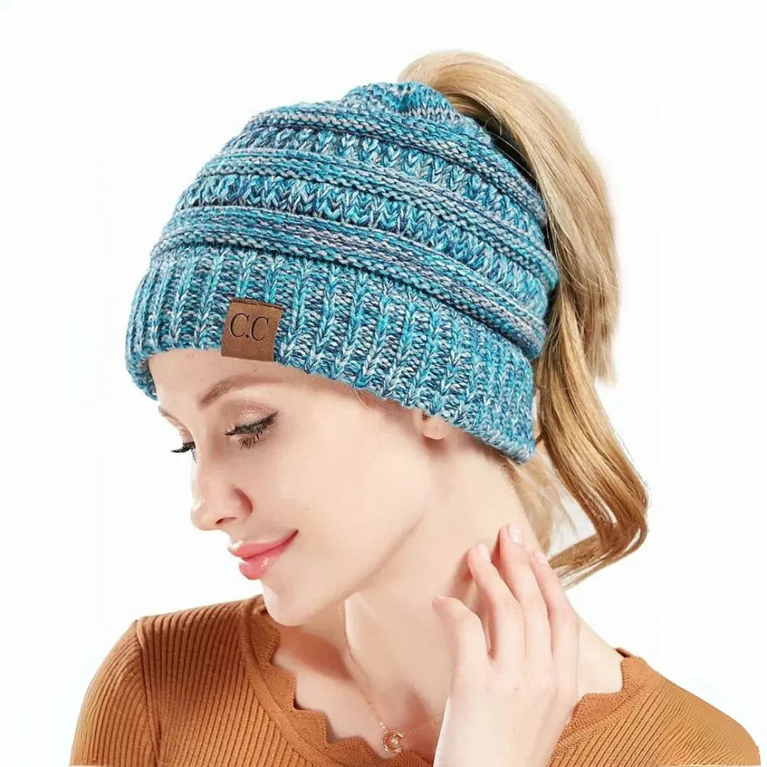 Women's Warm Cozy Ponytail Beanie - Ribbed Knit Winter Hat-The Yellow Prime