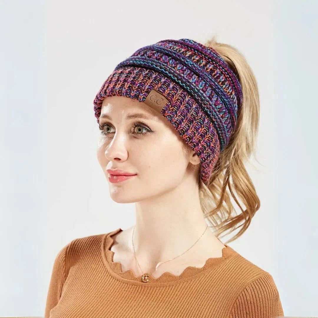 Women's Warm Cozy Ponytail Beanie - Ribbed Knit Winter Hat-The Yellow Prime