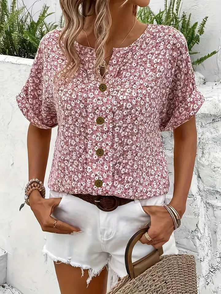 Kristen | Women's Floral Summer Blouse with Button Front-The Yellow Prime