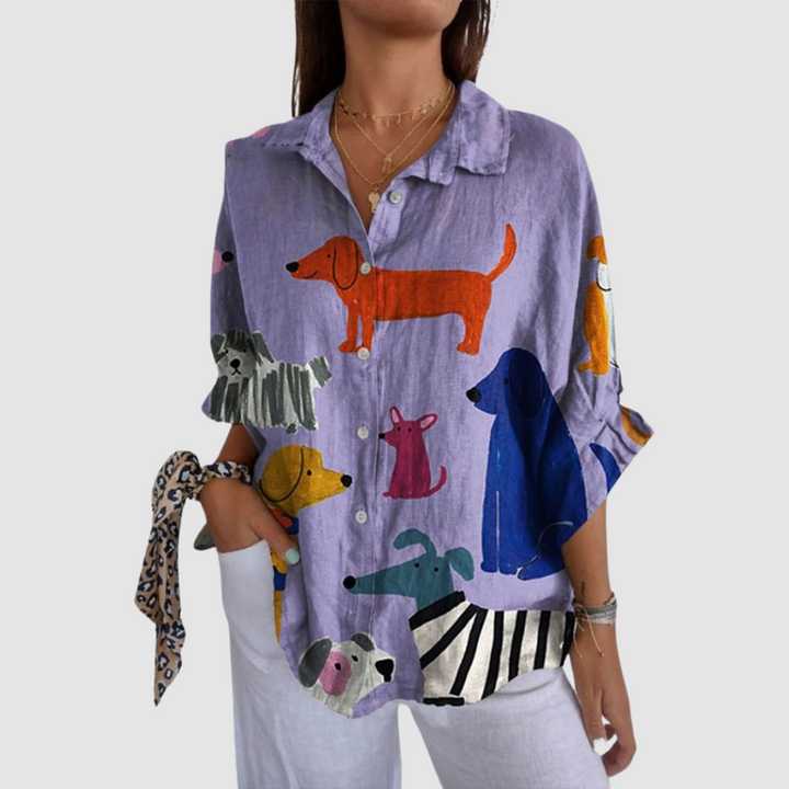 Kathleen | Women's Dog Print Loose-Fit Shirt-The Yellow Prime
