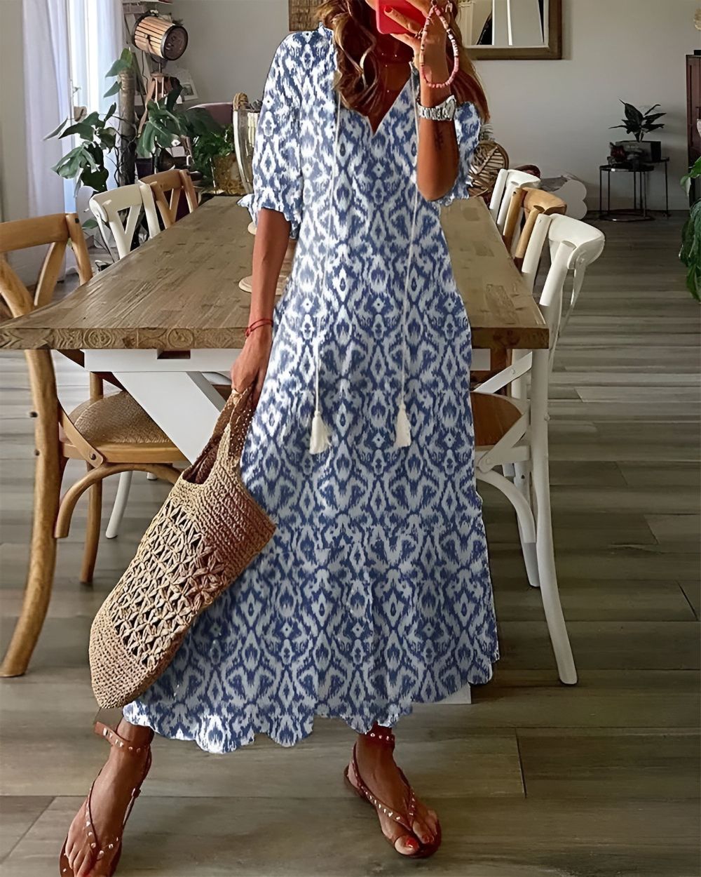 Sarah | Women's Maxi Dress with Printed Tassels and V-Neck-The Yellow Prime