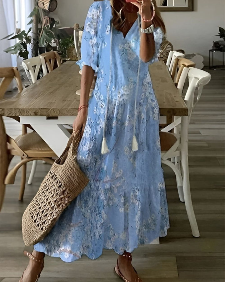 Sarah | Women's Maxi Dress with Printed Tassels and V-Neck-The Yellow Prime