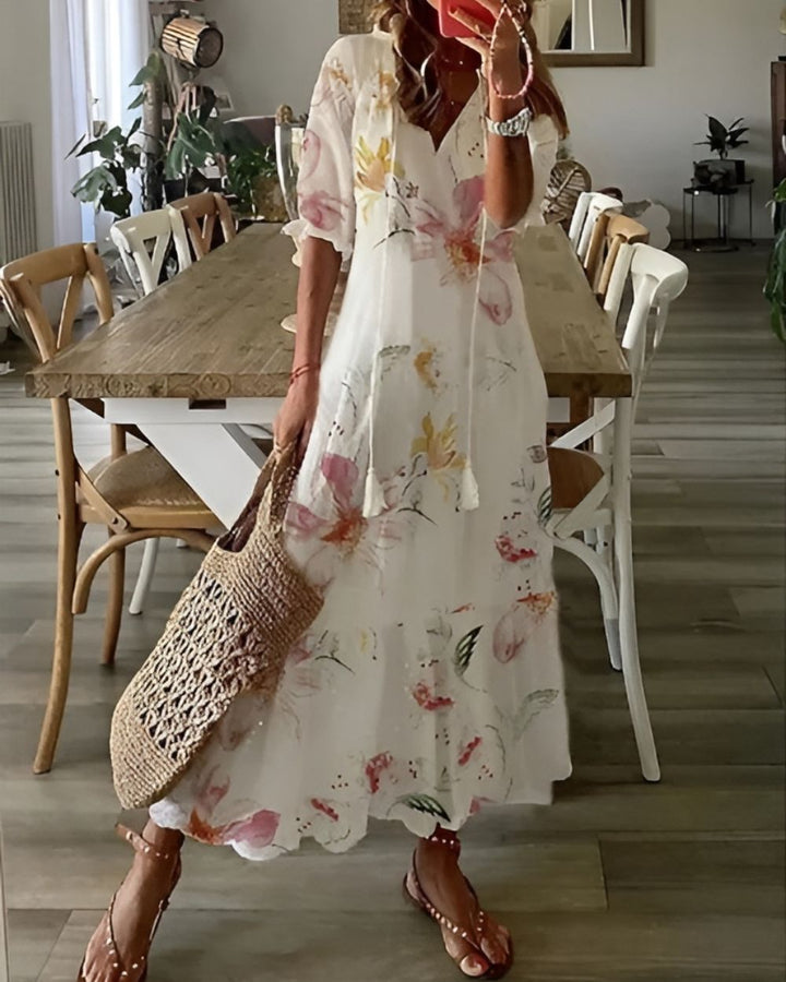 Sarah | Women's Maxi Dress with Printed Tassels and V-Neck-The Yellow Prime