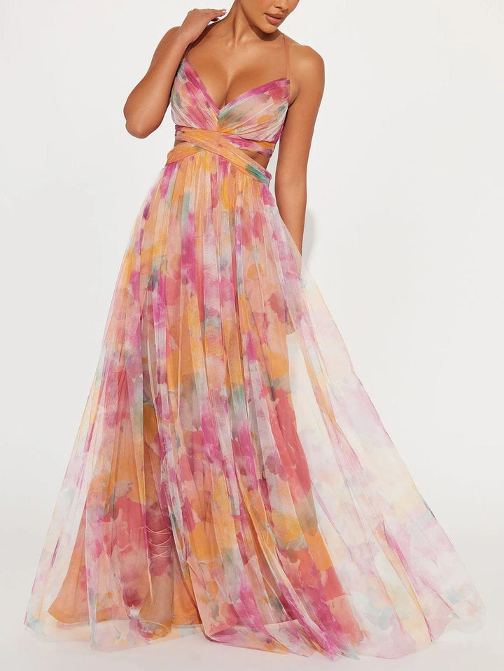 Women's Floral A-Line Maxi Dress with Painted Design-The Yellow Prime