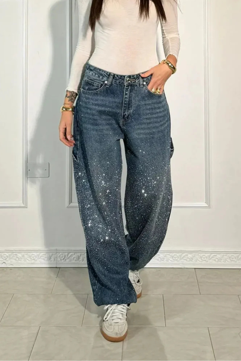 Women's Relaxed Fit Blue Denim Straight Leg Jeans with Rhinestones-The Yellow Prime