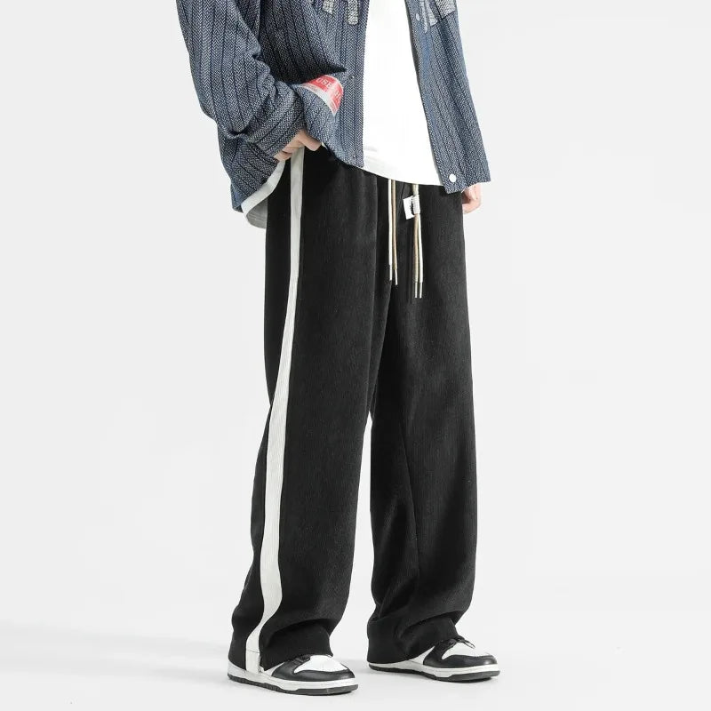 Men's Wide-Leg Sweatpants with Side Stripe – Drawstring Lounge Pants