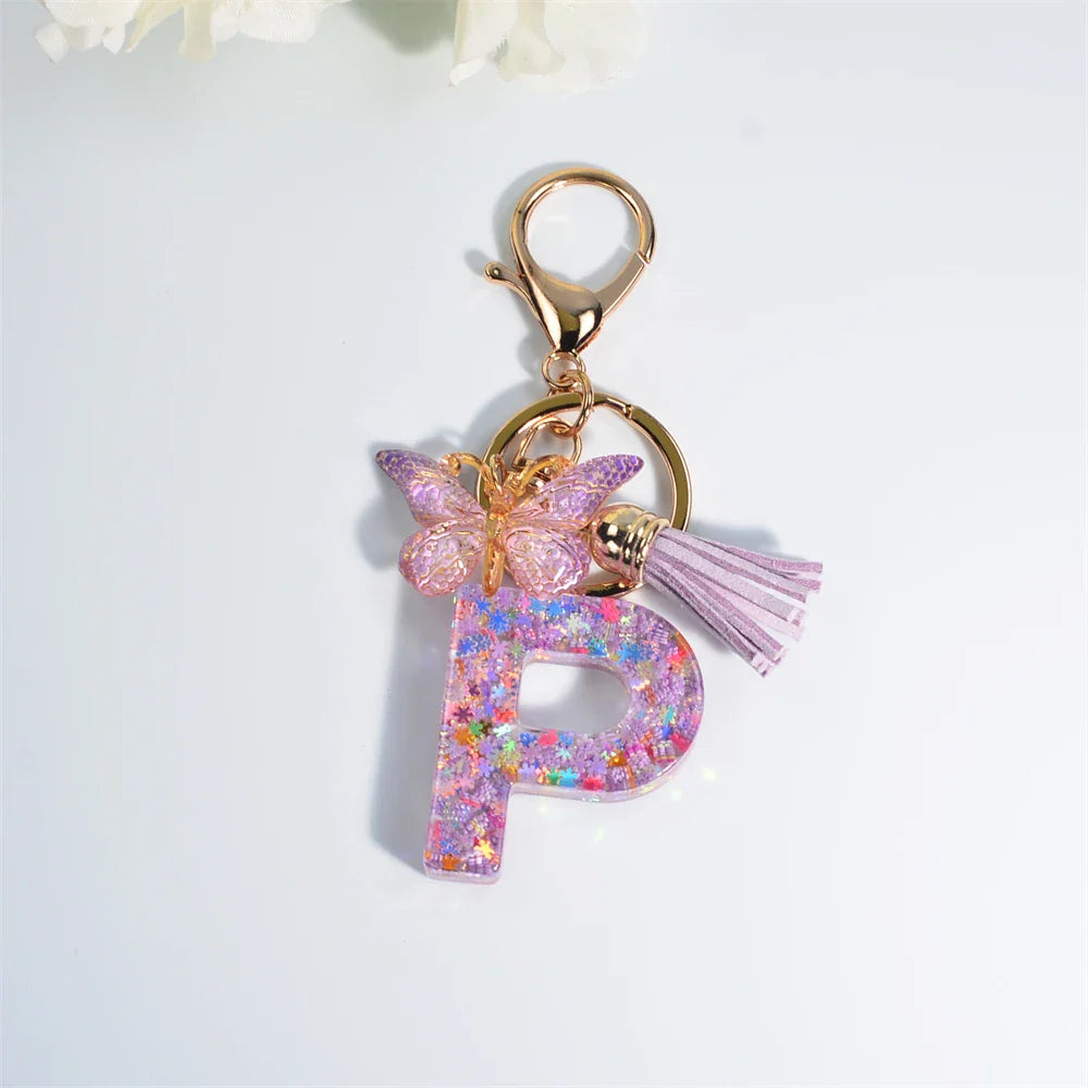 Women's Sequin Letter Keychain with Butterfly Tassel Charm-The Yellow Prime