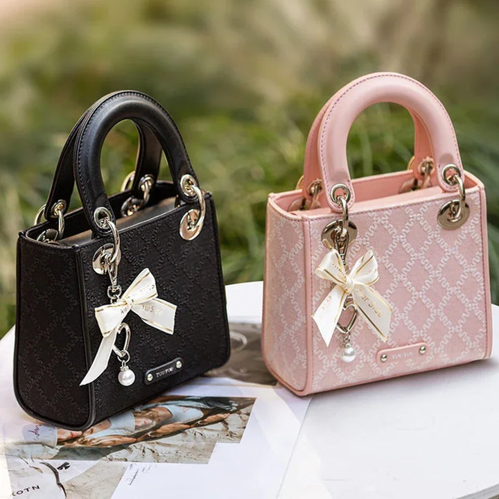 Women's Jacquard Bow Handbag with Pearl Accents