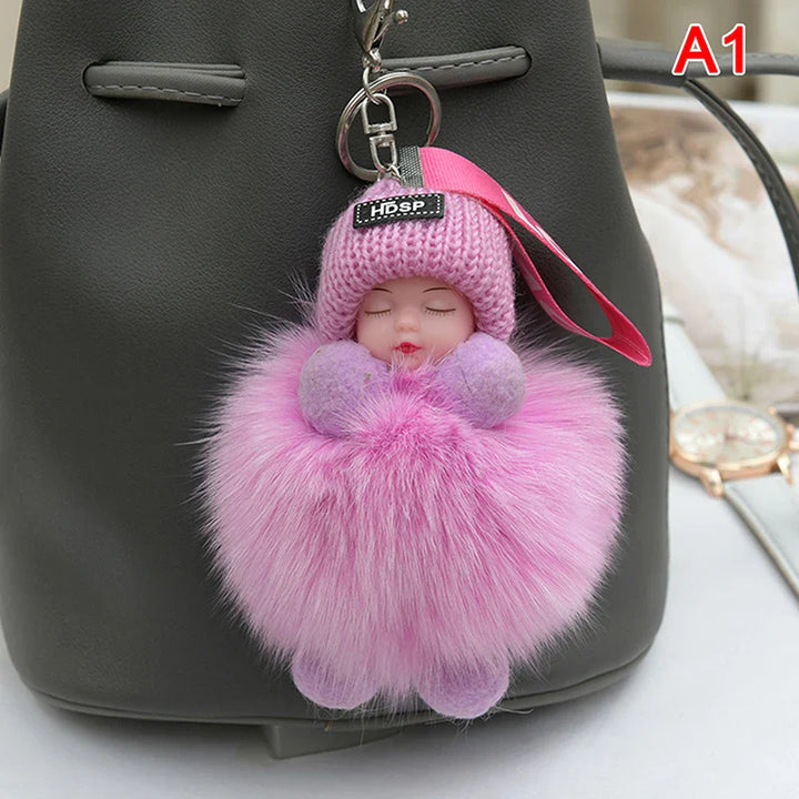 Women's Cute Pompom Sleeping Baby Plush Keychain Bag Charm-The Yellow Prime