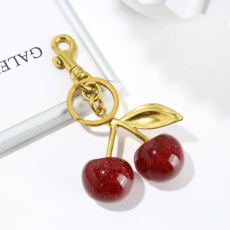 Women's Red Cherry Keychain Bag Charm with Gold Leaf Clasp-The Yellow Prime