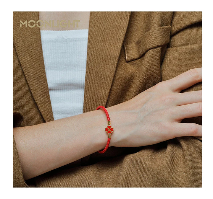 Women's Braided Leather Lucky Bracelet with Four Leaf Clover-The Yellow Prime