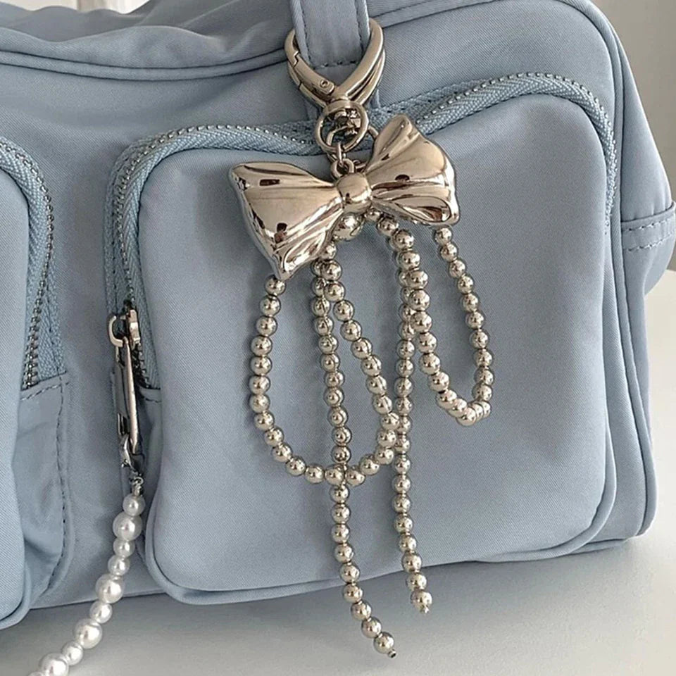 Women's Beaded Pearl Bow Keychain Y2K Bag Charm Gift Accessory-The Yellow Prime