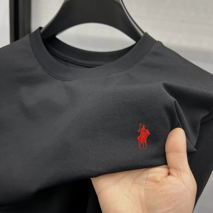 Men's Cotton Short Sleeve Round Neck T-Shirt with Pony Embroidery-The Yellow Prime