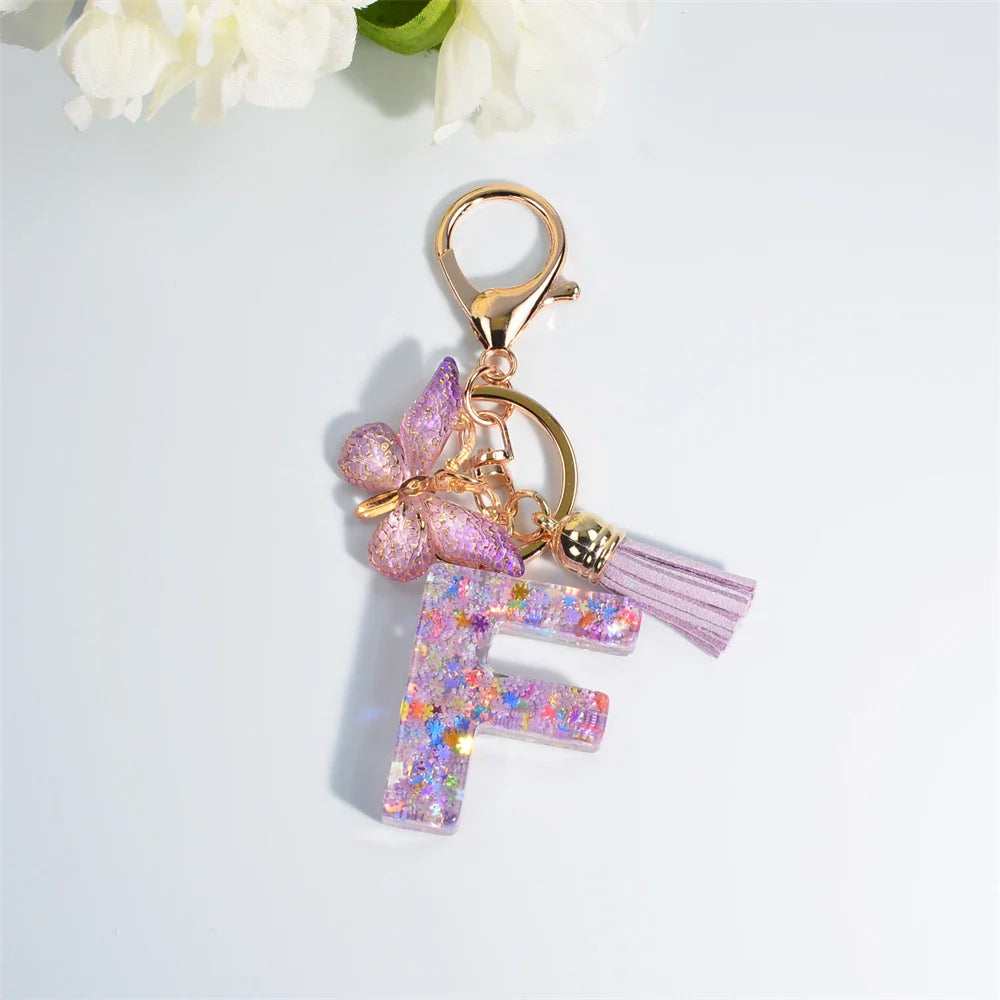 Women's Sequin Letter Keychain with Butterfly Tassel Charm-The Yellow Prime