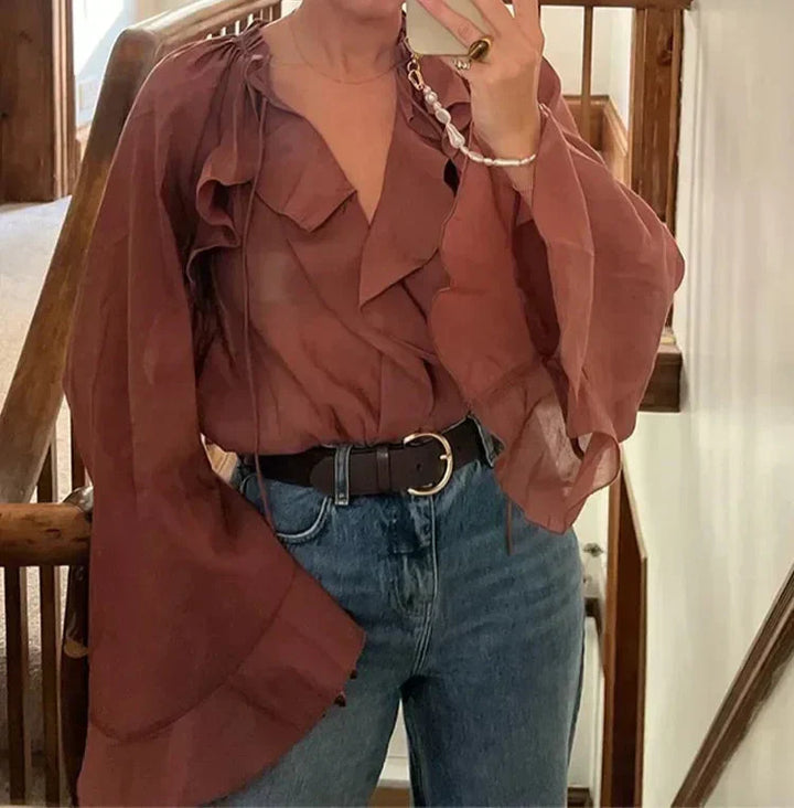 Sophia | Women's Transparent Ruffle Blouse, Brown - Elegant & Feminine Design-The Yellow Prime