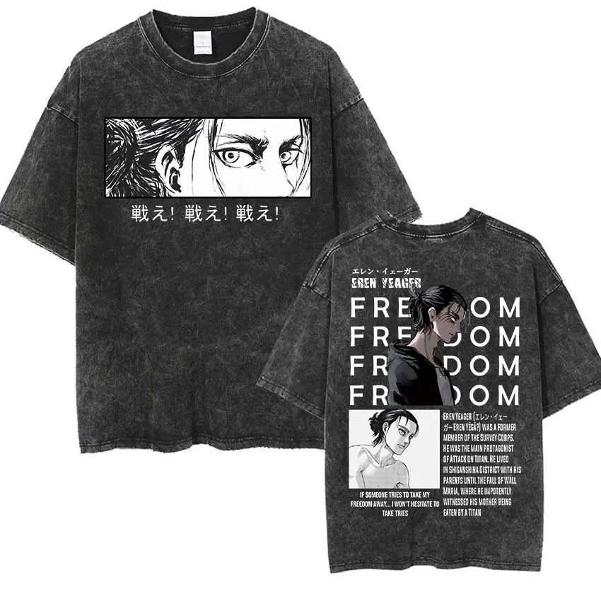 Men's Vintage Washed Anime Print T-shirt with Wings of Freedom Design-The Yellow Prime