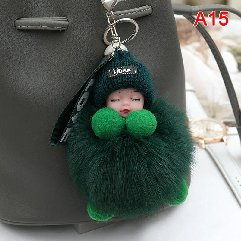 Women's Cute Pompom Sleeping Baby Plush Keychain Bag Charm-The Yellow Prime