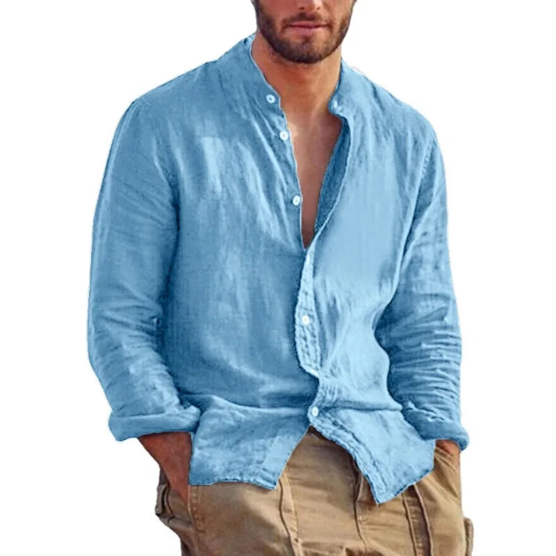 Men's Lightweight Breathable Cotton Shirt with Mandarin Collar-The Yellow Prime