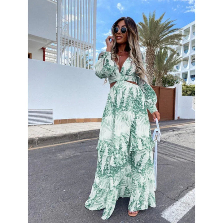 Women’s Elegant Maxi Dress – Long-Sleeved Leaf Print with Flowing Fit-The Yellow Prime