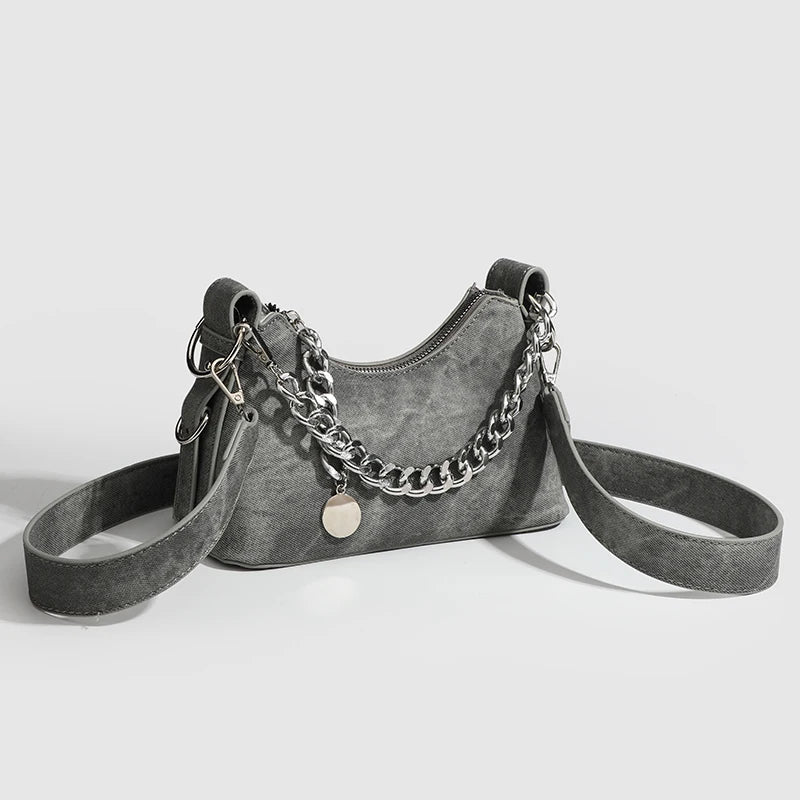 Women's Washed Denim Chain Shoulder Bag