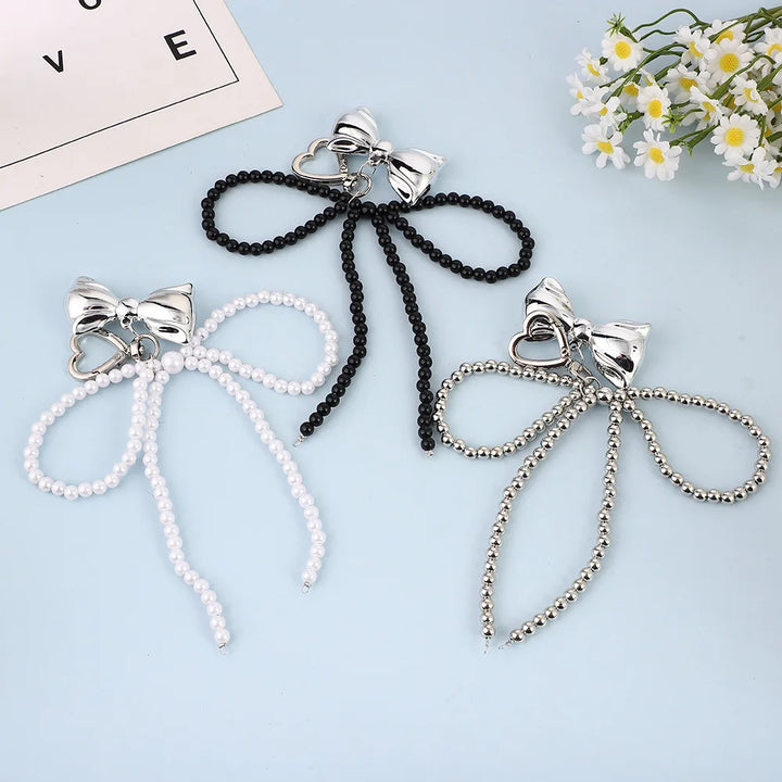 Women's Beaded Pearl Bow Keychain Y2K Bag Charm Gift Accessory-The Yellow Prime