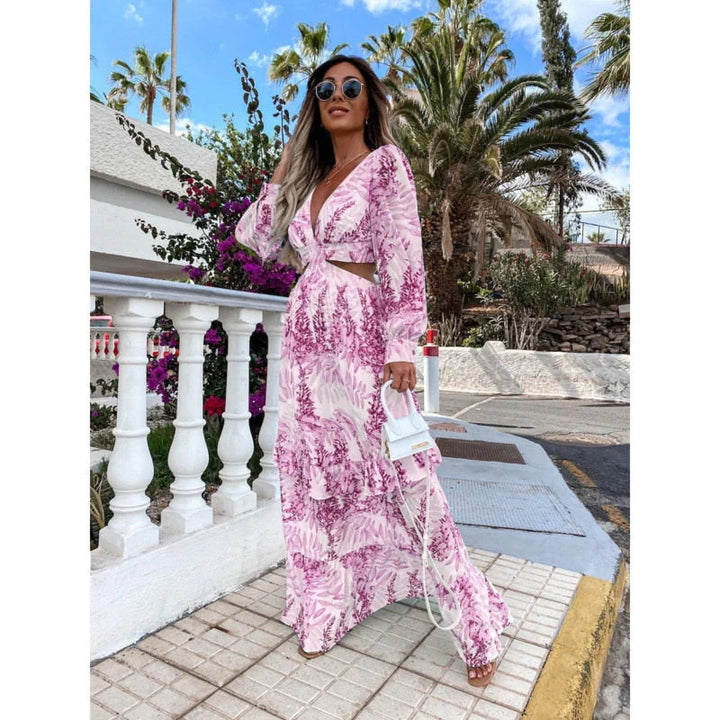 Women’s Elegant Maxi Dress – Long-Sleeved Leaf Print with Flowing Fit-The Yellow Prime