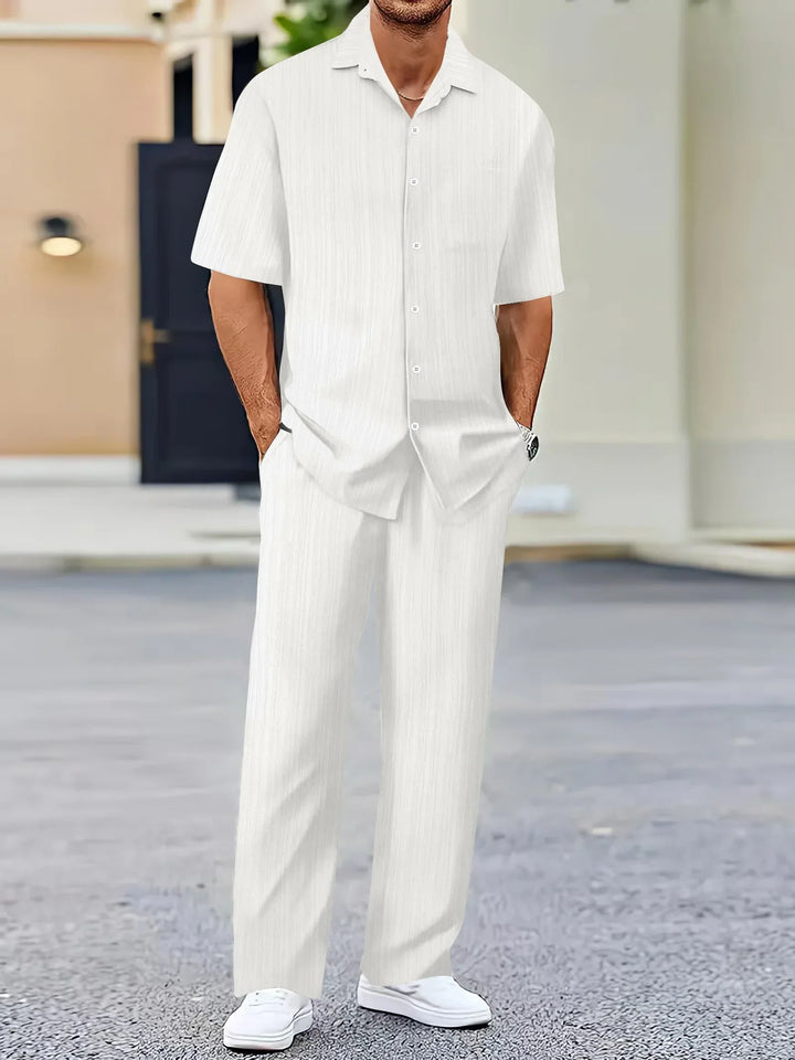 Men's Lightweight Linen Shirt and Pants Set, Striped Design, Relaxed Fit-The Yellow Prime